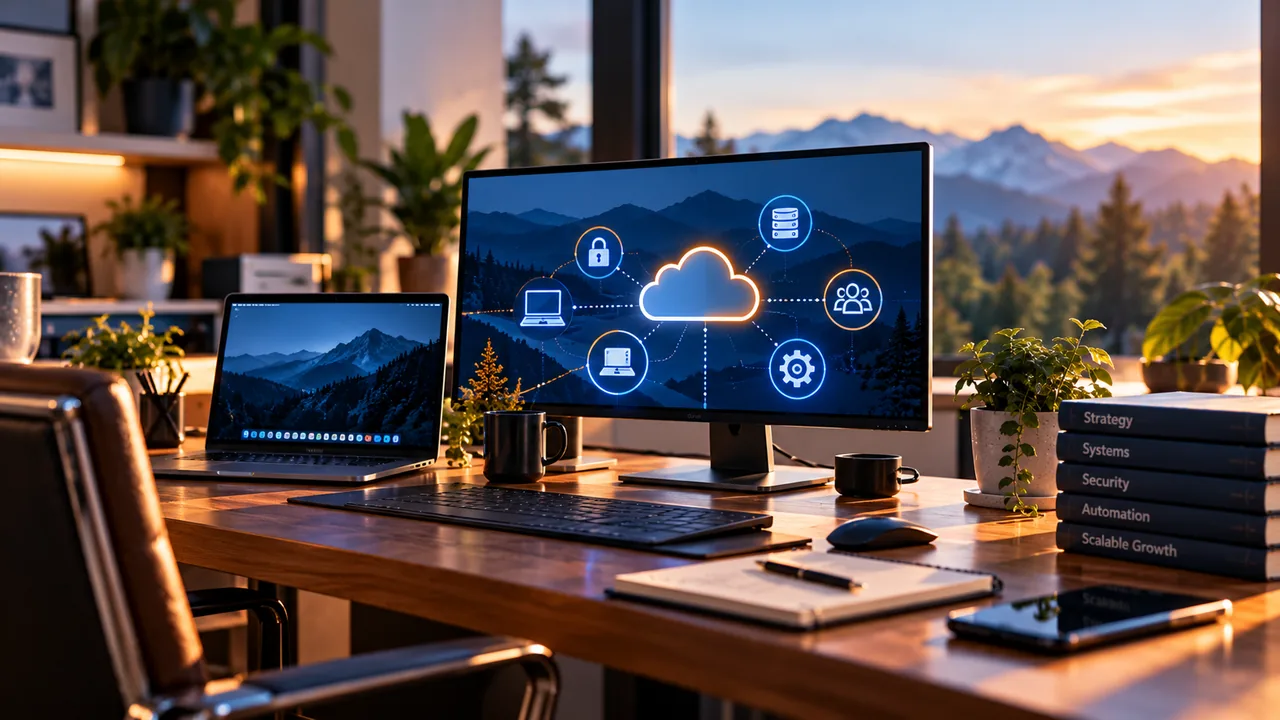 Connected business technology and cloud systems concept illustration