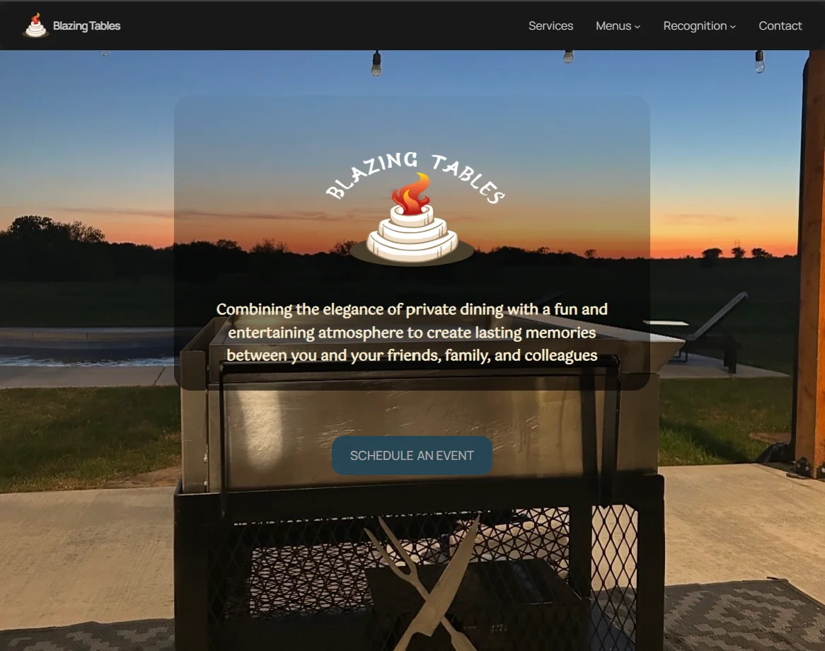 Screenshot of the Blazing Tables Catering website showing its navigation, branded hero, and Schedule an Event call to action